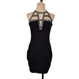 Windsor Black Vintage Bodycon Halter Dress Rhinestone Keyhole Back Size Medium